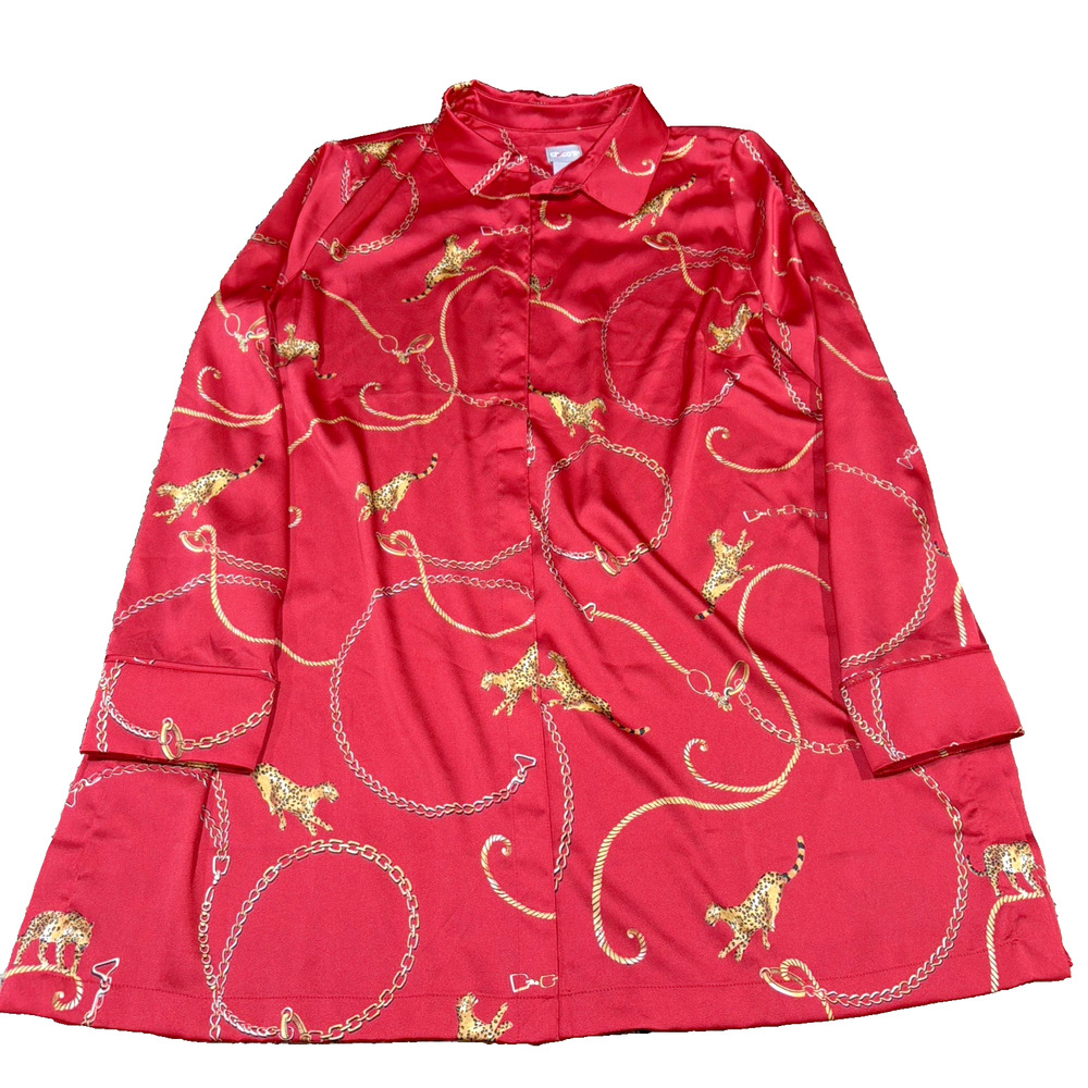 Chico’s Red Satin Chain Leopard Shirt Dress Size 2 (12/14)